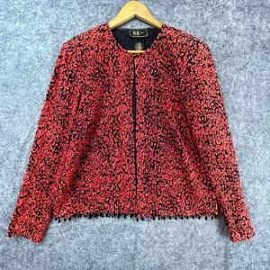 Vintage R&K Evening Jacket Womens 10 Red Leopard Beaded Fringe Mob Wife Siren